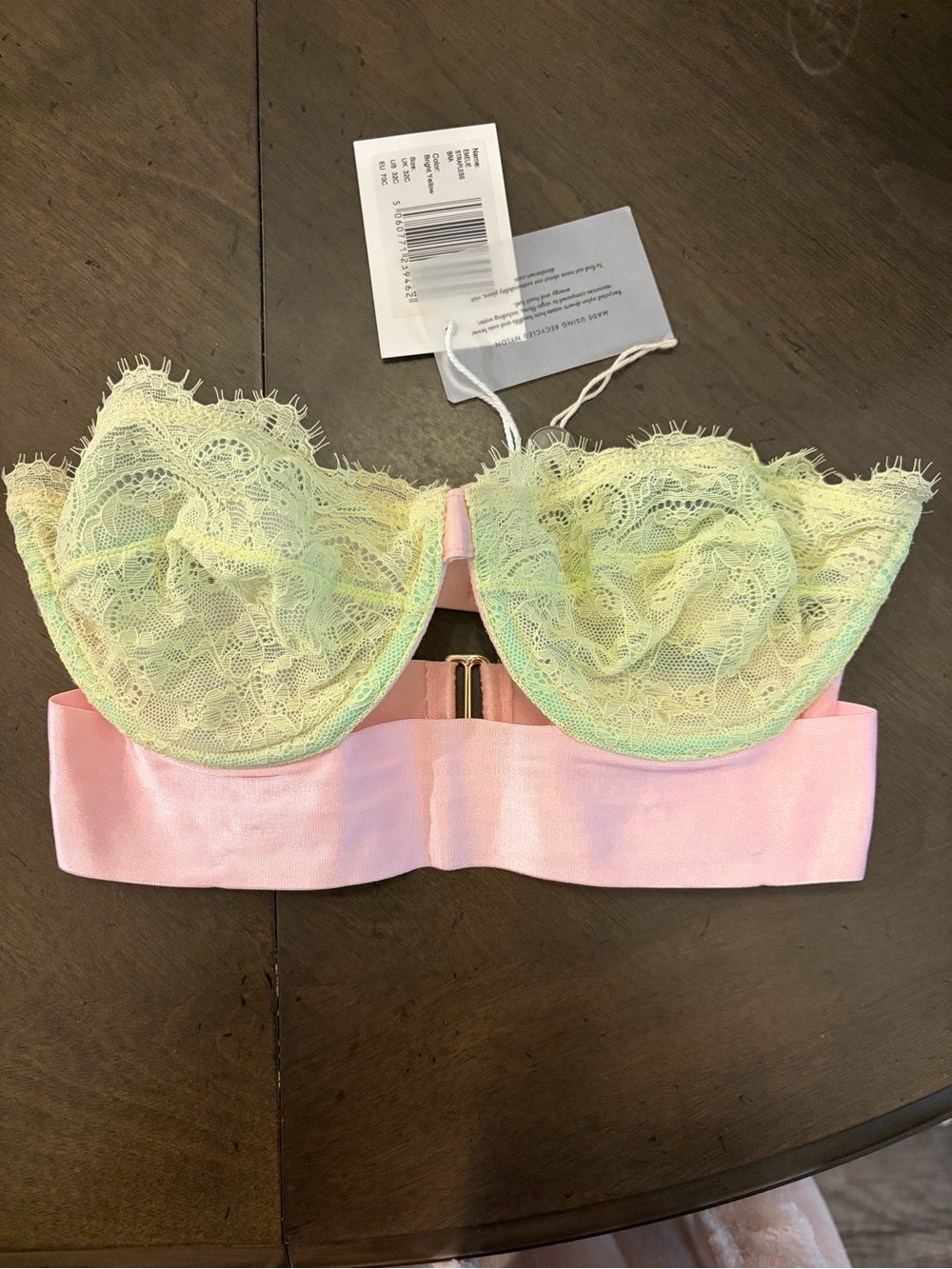 Dora Larsen Emelie Strapless Lace Underwire Bra Bright Yellow/Pink NWT 32C